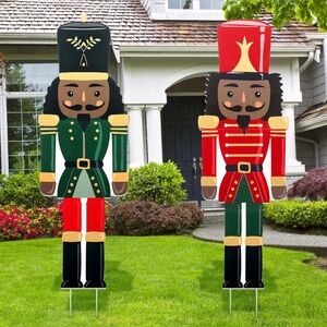 2 Pc African American Nutcracker Yard Stakes Outdoor Christmas Decor